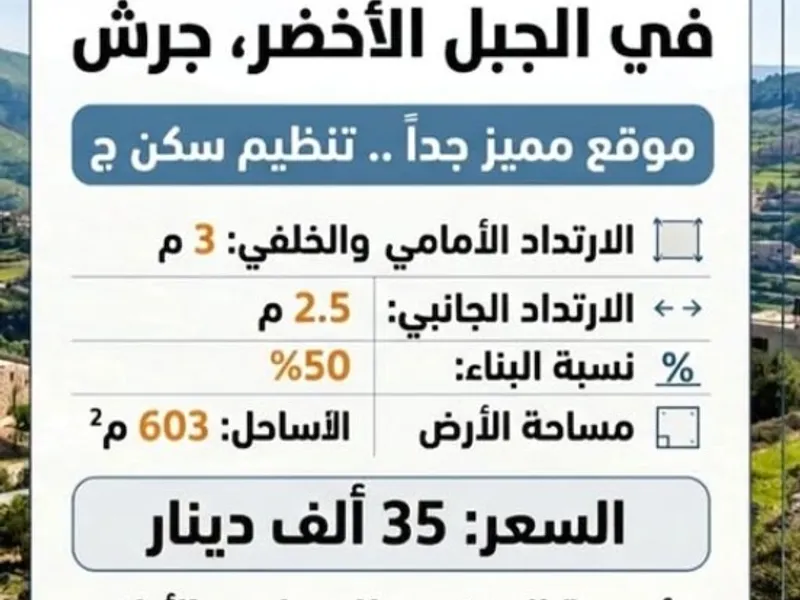 نمره سكنيه للبيع - جرش - الجبل الاخضر